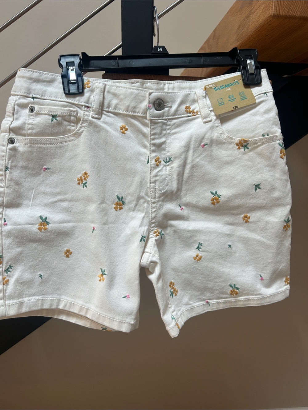 Thereabouts White Denim Shorts with Yellow & Green Floral Embroidery